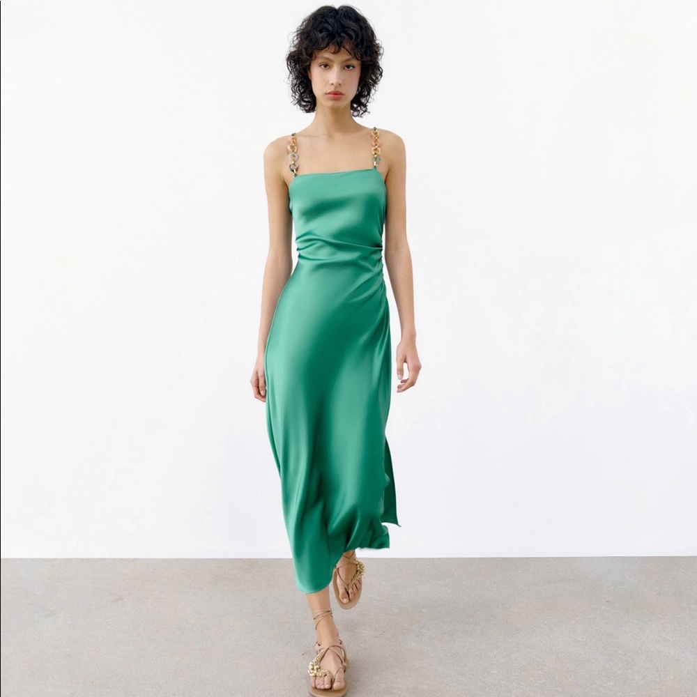 Zara Chain Strap Satin Effect Slip Dress in Green